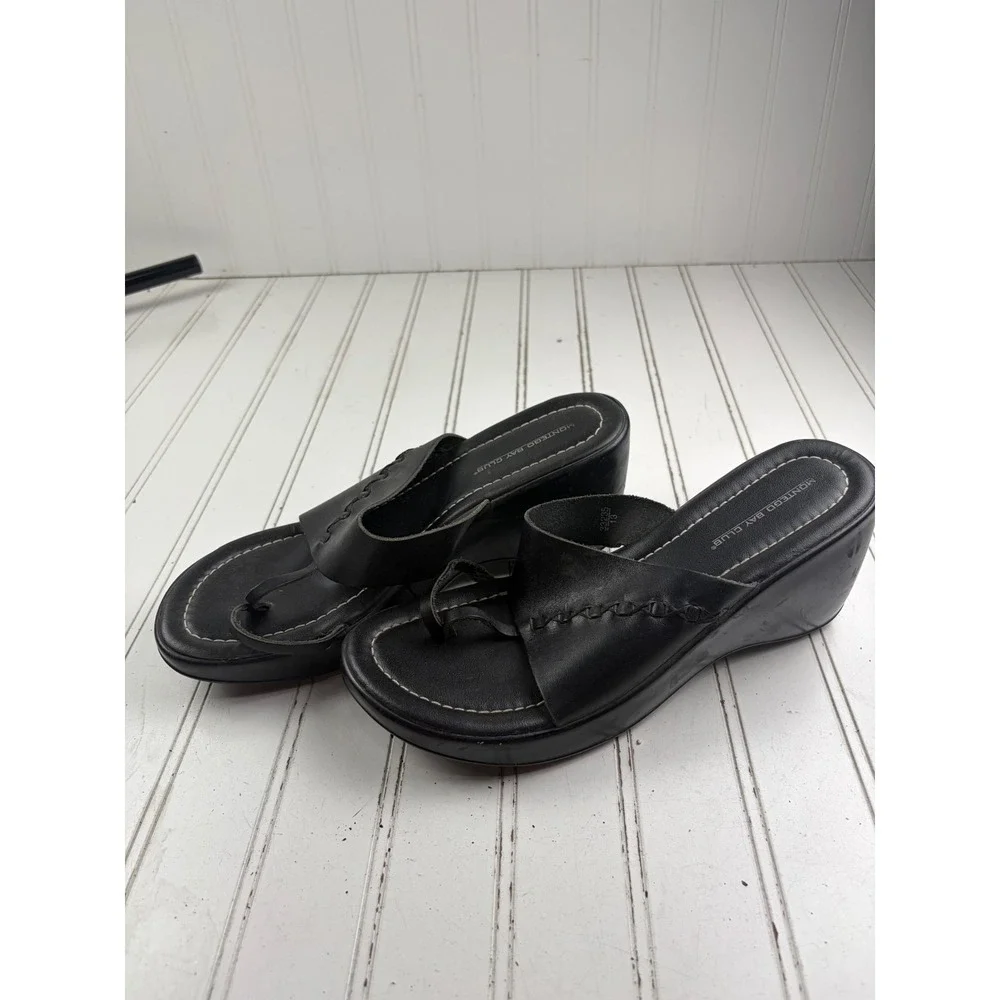 Montego Bay Club Vintage Y2K Black Leather Platform Sandals Women's Size 9.5